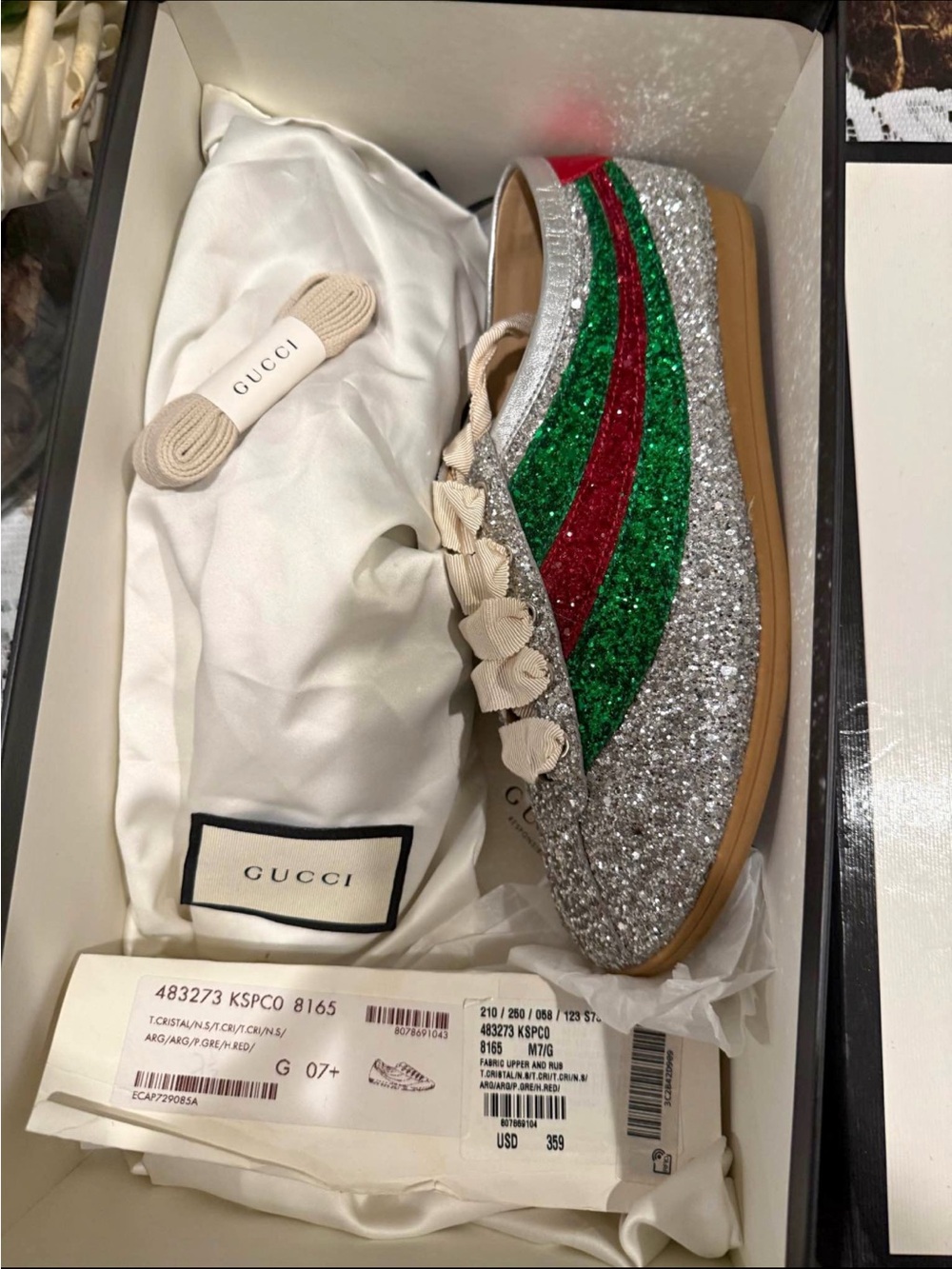 Gucci Silver Glitter Sneaker with Green & Red Web